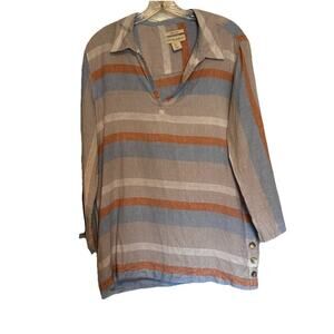 Cynthia Rowley Linen Striped Top Tunic V-Neck Collar Large 3/4 Sleeve Coastal